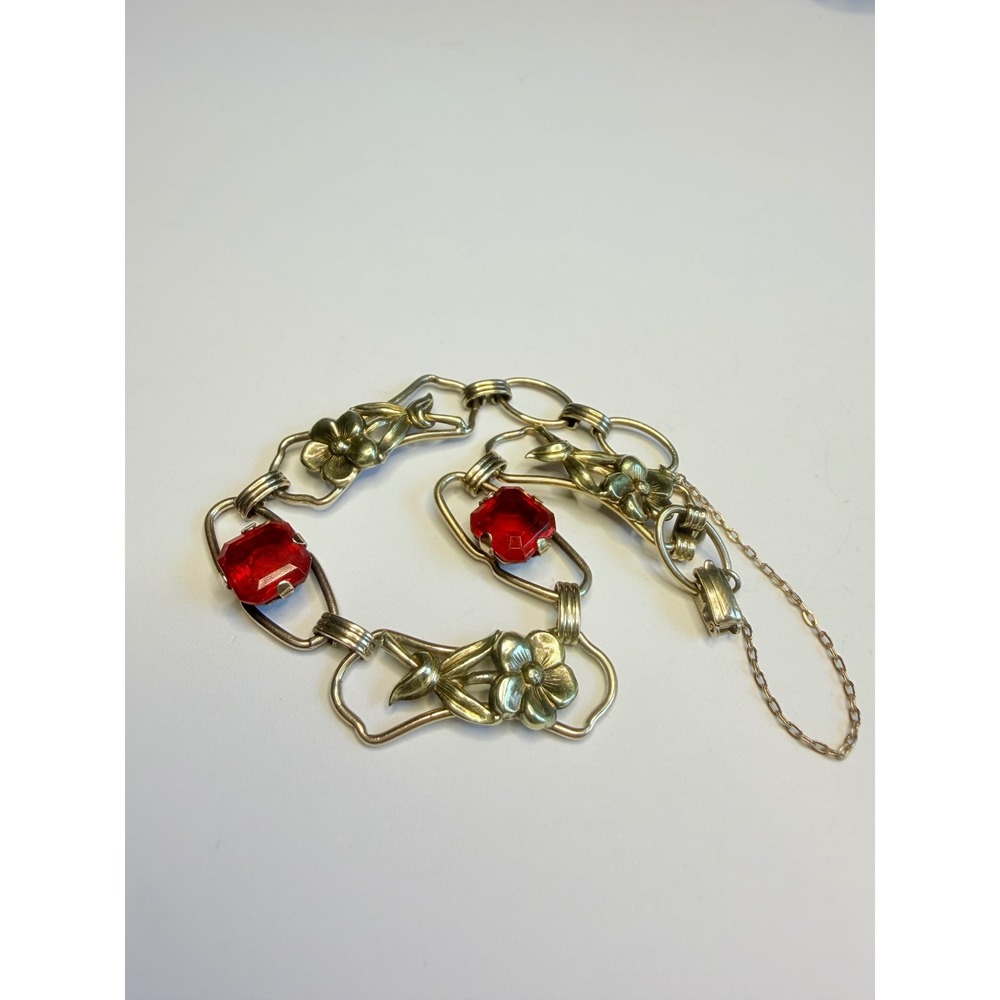 Vintage PR ST Co Sterling 12K Gold Filled Floral Bracelet Red Glass Stones